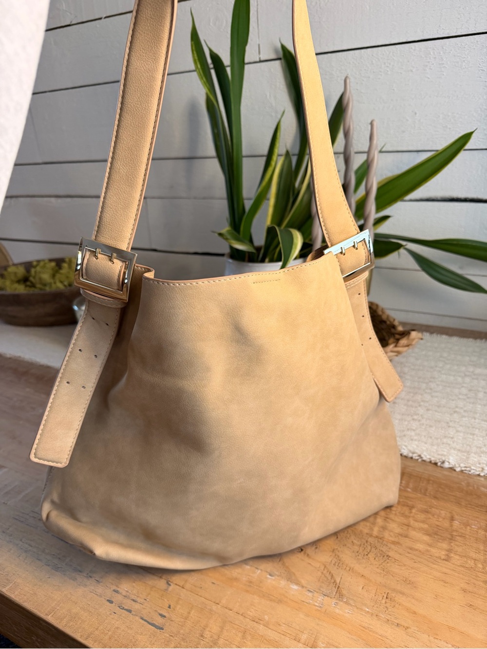 Neutral Beige Leather Shoulder Bag - Minimalist Women’s Tote